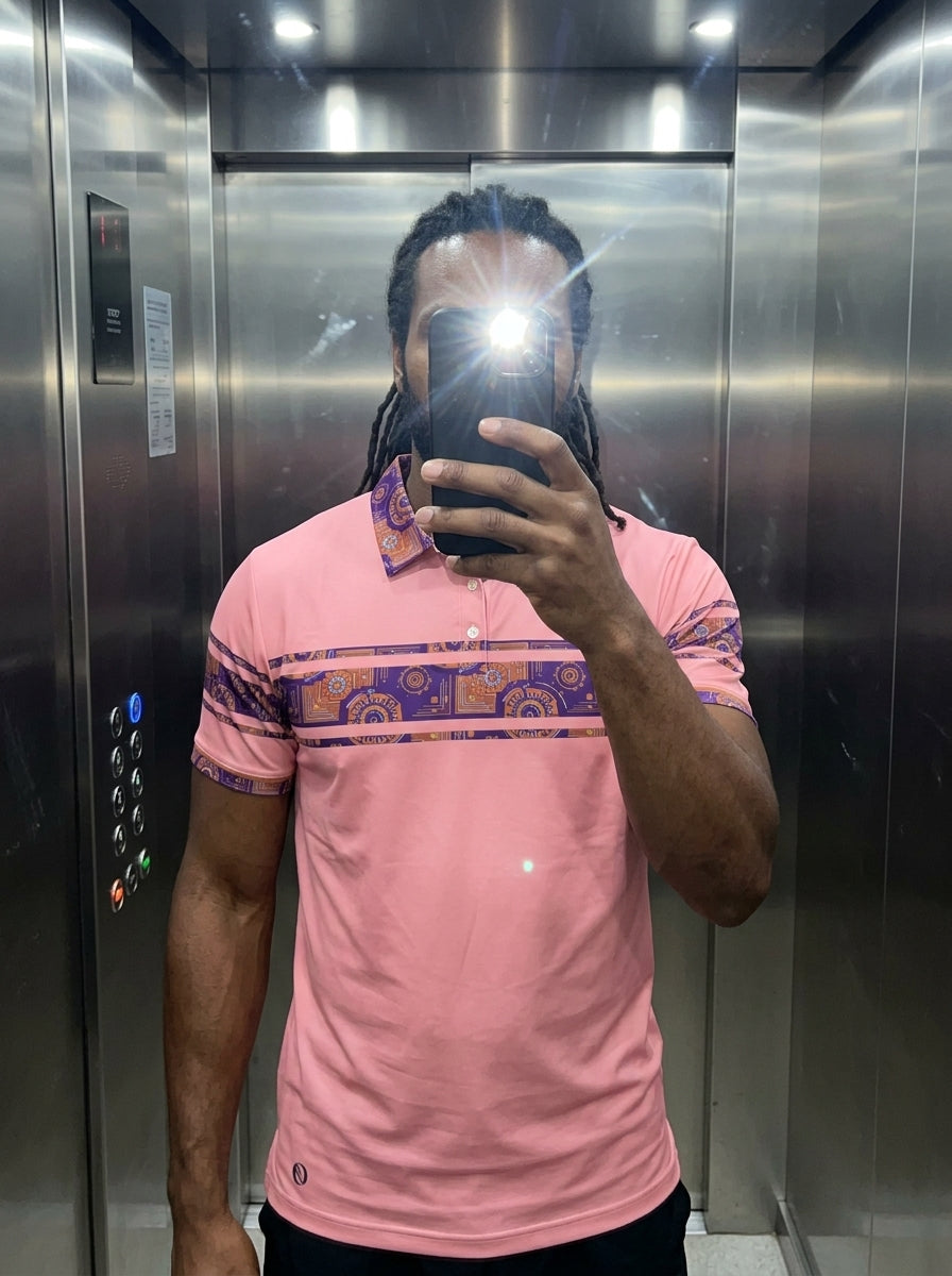 Sankofa Men's Polo — Eze Pink — mirror fit check — everyday wear — SunBorn