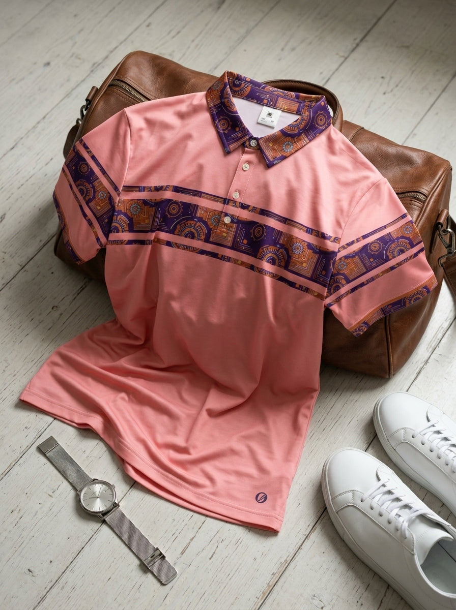Sankofa Men's Polo — Eze Pink — styled floordrobe flat lay — SunBorn