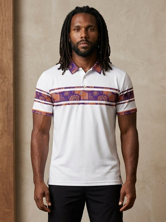Sankofa Men's Polo — Ocha White — Kinetic Engine collar and chest band — front — SunBorn