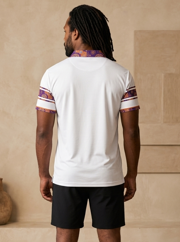 Sankofa Men's Polo — Ocha White — Kinetic Engine sleeve trim and back panel — SunBorn