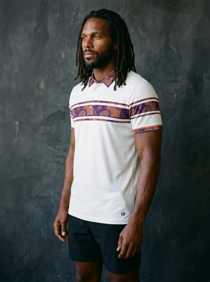 Sankofa Men's Polo — Ocha White — three-quarter left angle — golf and lifestyle shirt — SunBorn