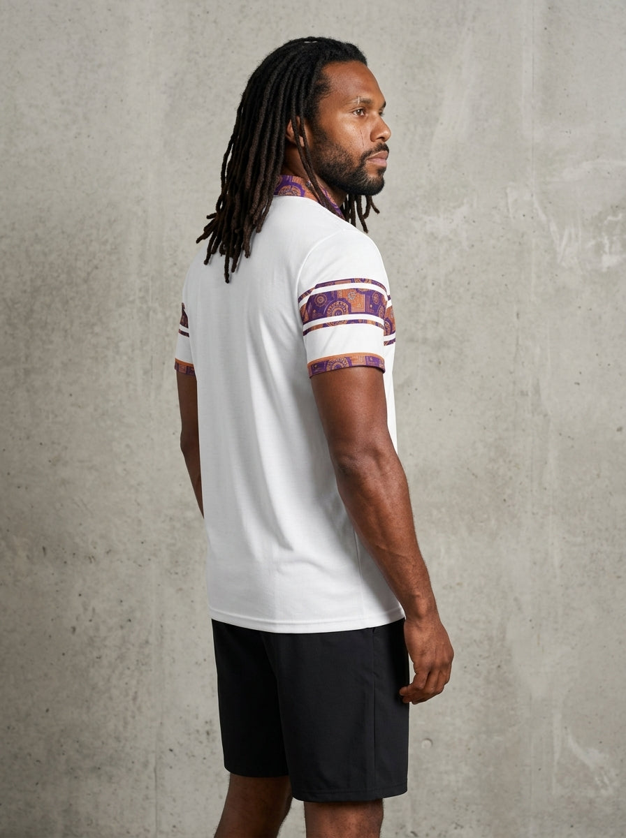 Sankofa Men's Polo — Ocha White — three-quarter right angle — golf and lifestyle shirt — SunBorn