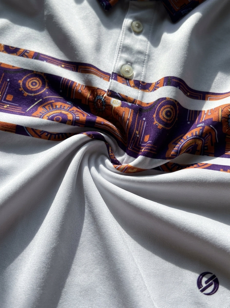 Sankofa Men's Polo — Ocha White — macro detail of Kinetic Engine circuitry print — SunBorn