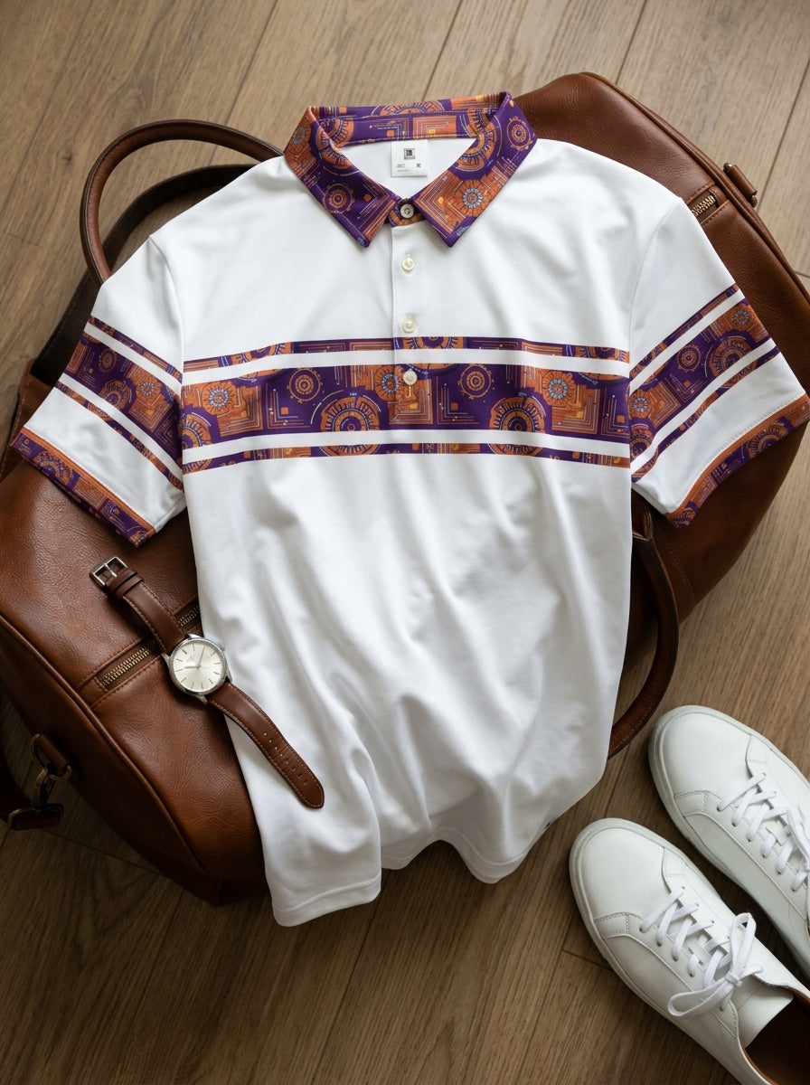 Sankofa Men's Polo — Ocha White — styled floordrobe flat lay — SunBorn