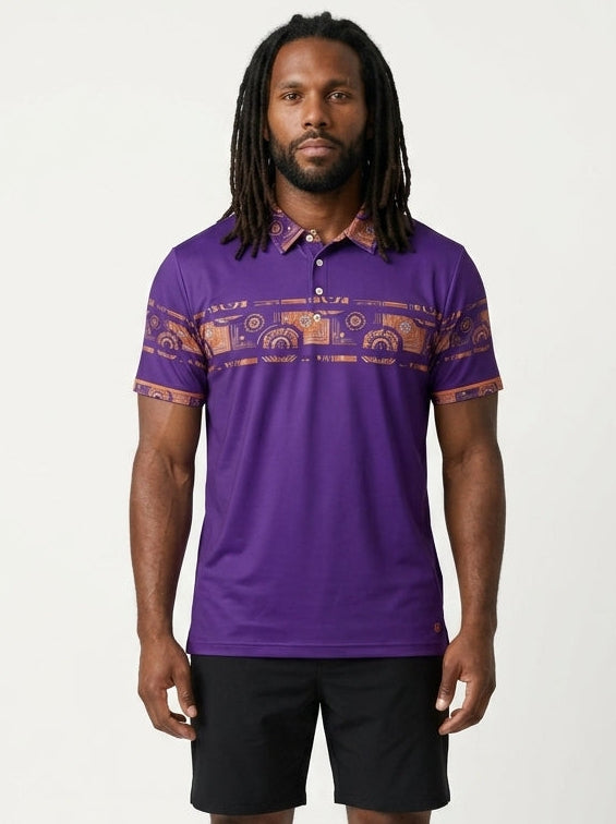 Sankofa Men's Polo — Royal Purple — Kinetic Engine collar and chest band — front — SunBorn