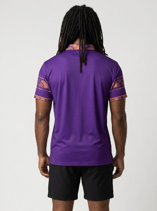 Sankofa Men's Polo — Royal Purple — Kinetic Engine sleeve trim and back panel — SunBorn