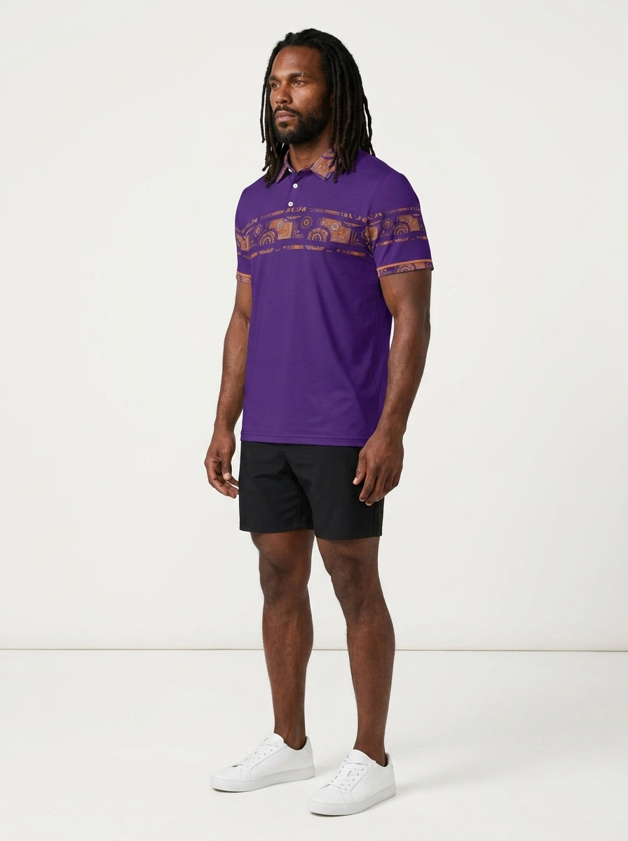 Sankofa Men's Polo — Royal Purple — three-quarter left angle — golf and lifestyle shirt — SunBorn
