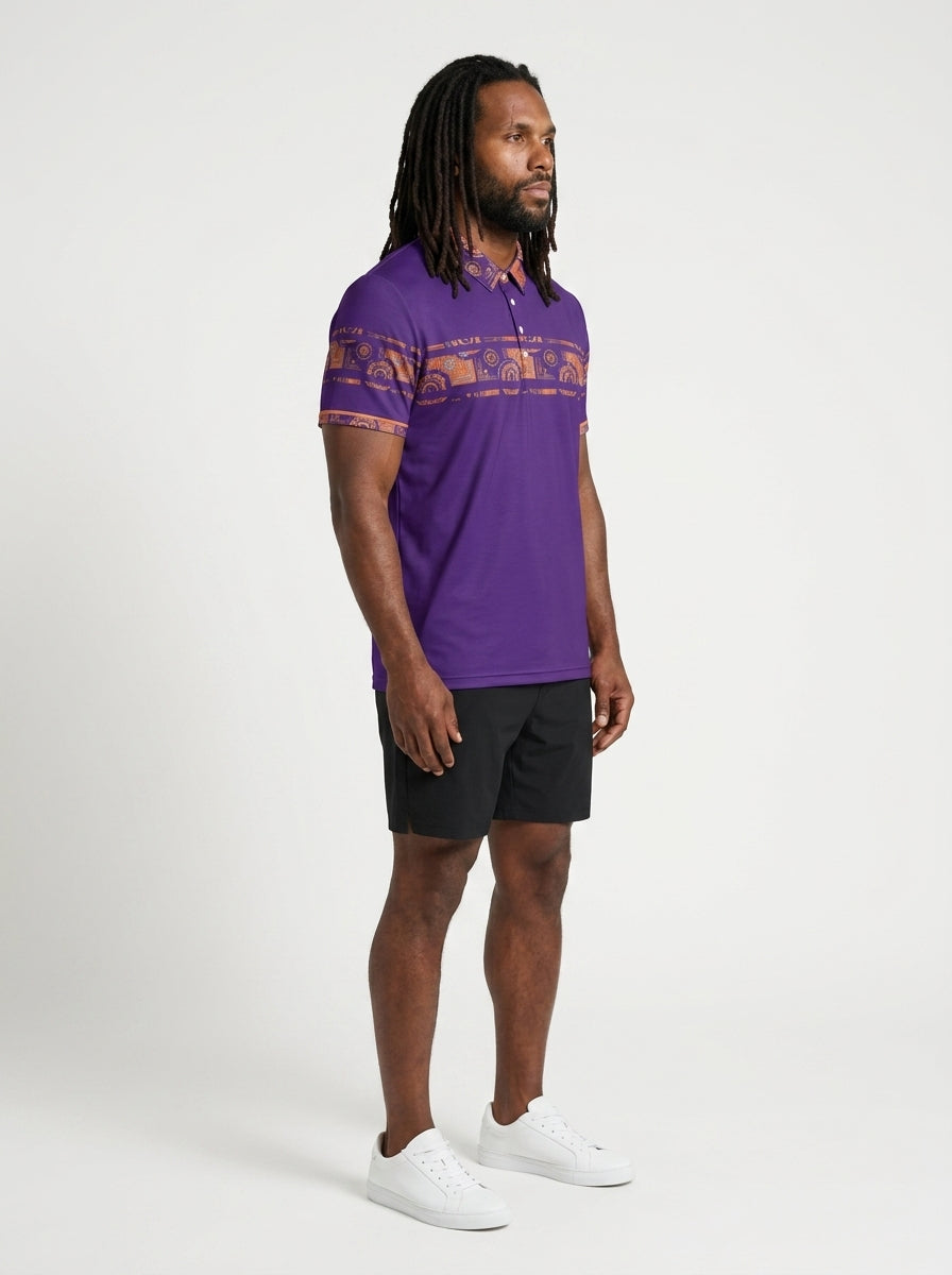 Sankofa Men's Polo — Royal Purple — three-quarter right angle — golf and lifestyle shirt — SunBorn