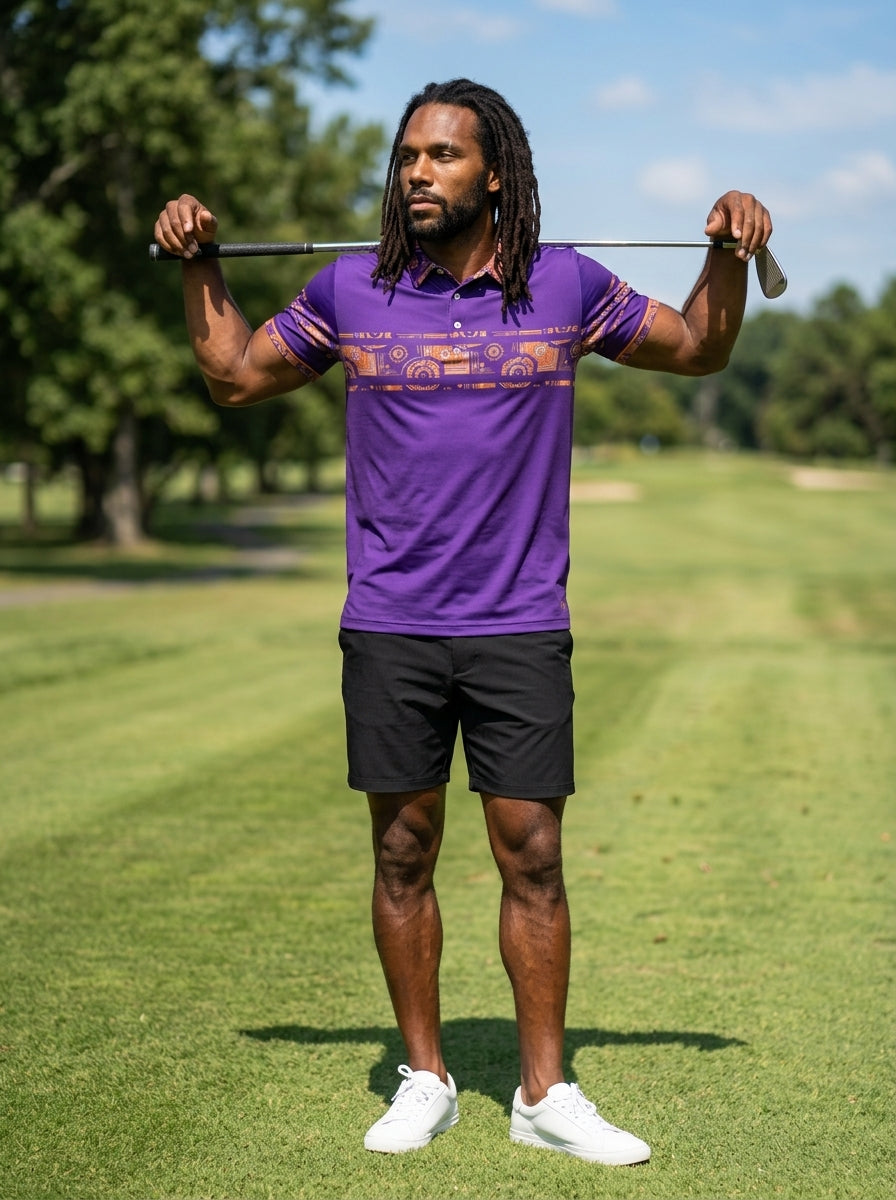 Sankofa Men's Polo — Royal Purple — worn on the golf course — men's golf polo shirt — SunBorn