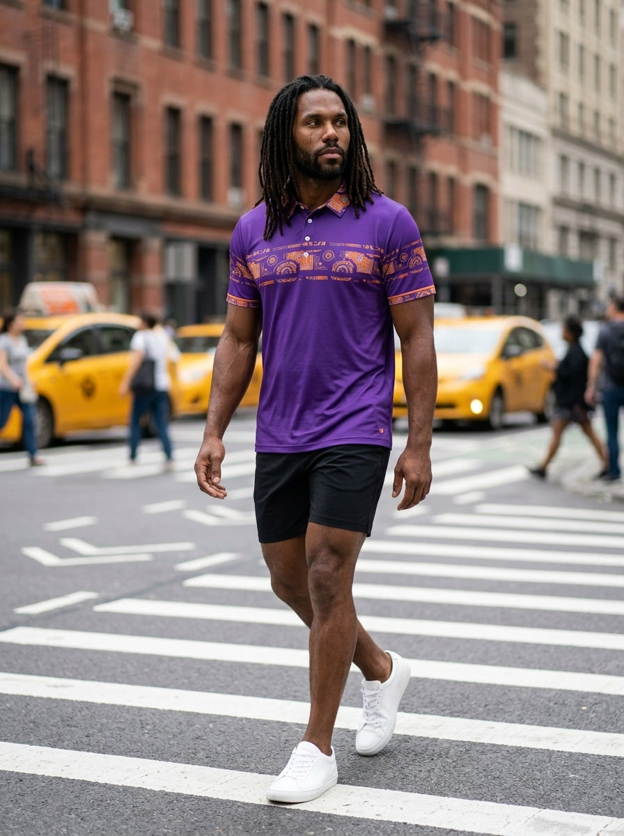 Sankofa Men's Polo — Royal Purple — street editorial lifestyle shot — men's fashion polo — SunBorn