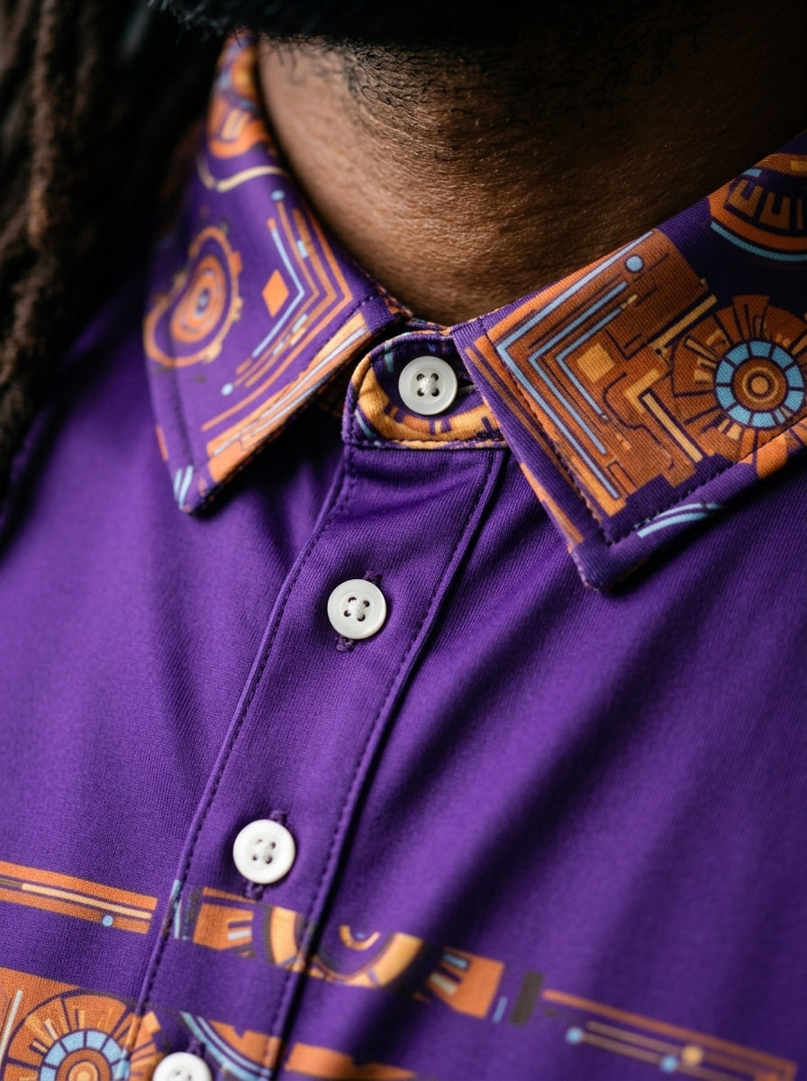 Sankofa Men's Polo — Royal Purple — macro detail of Kinetic Engine circuitry print — SunBorn