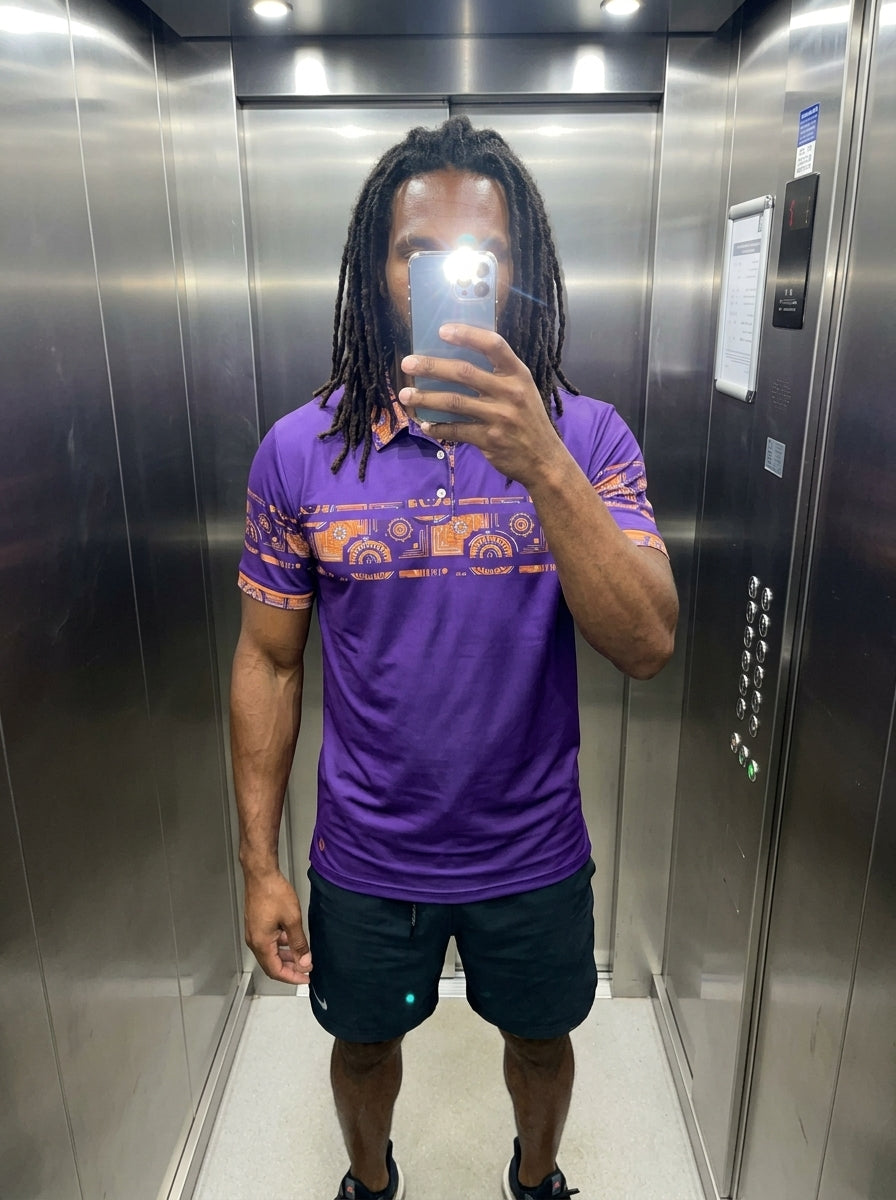 Sankofa Men's Polo — Royal Purple — mirror fit check — everyday wear — SunBorn