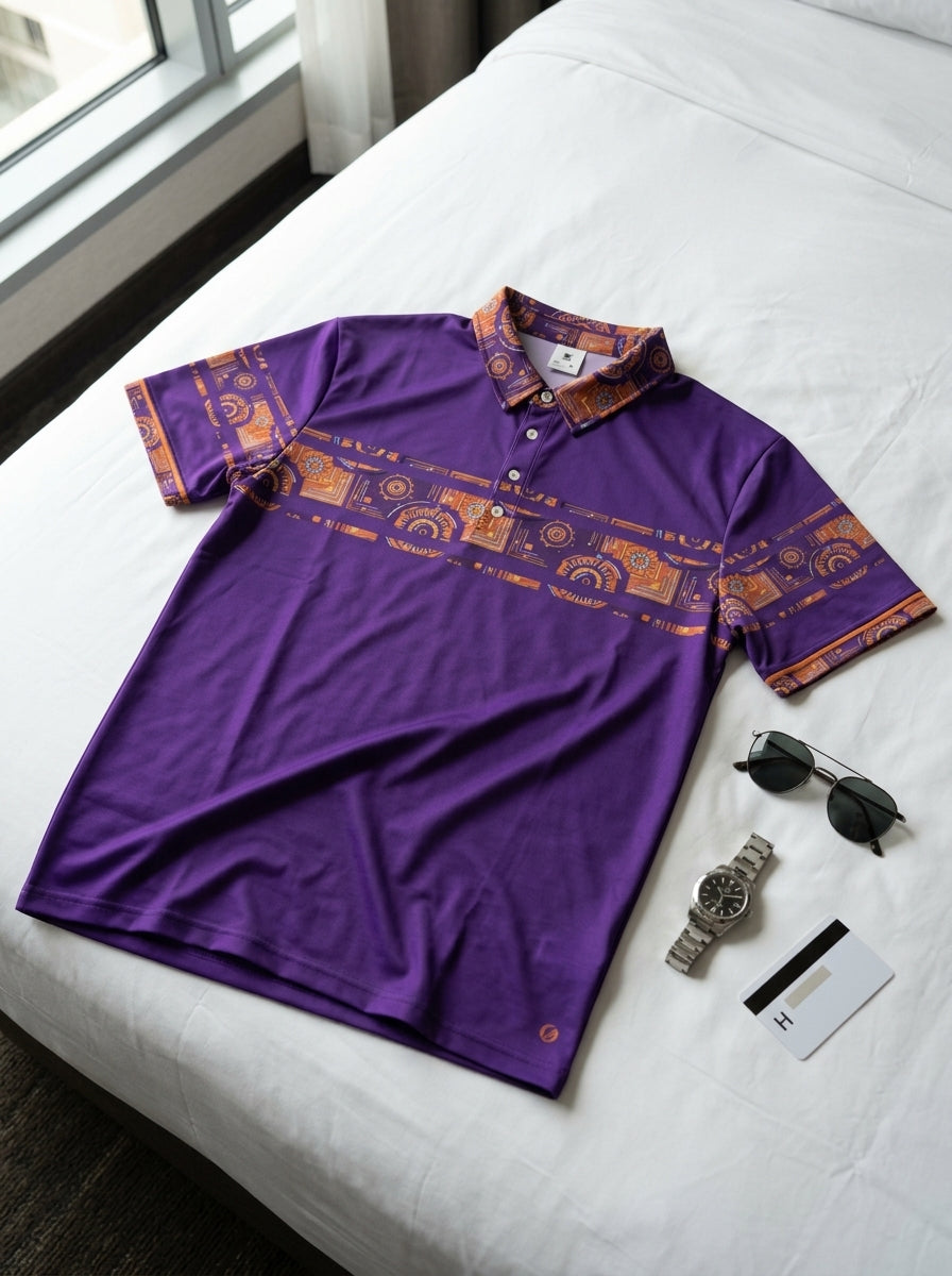 Sankofa Men's Polo — Royal Purple — styled floordrobe flat lay — SunBorn