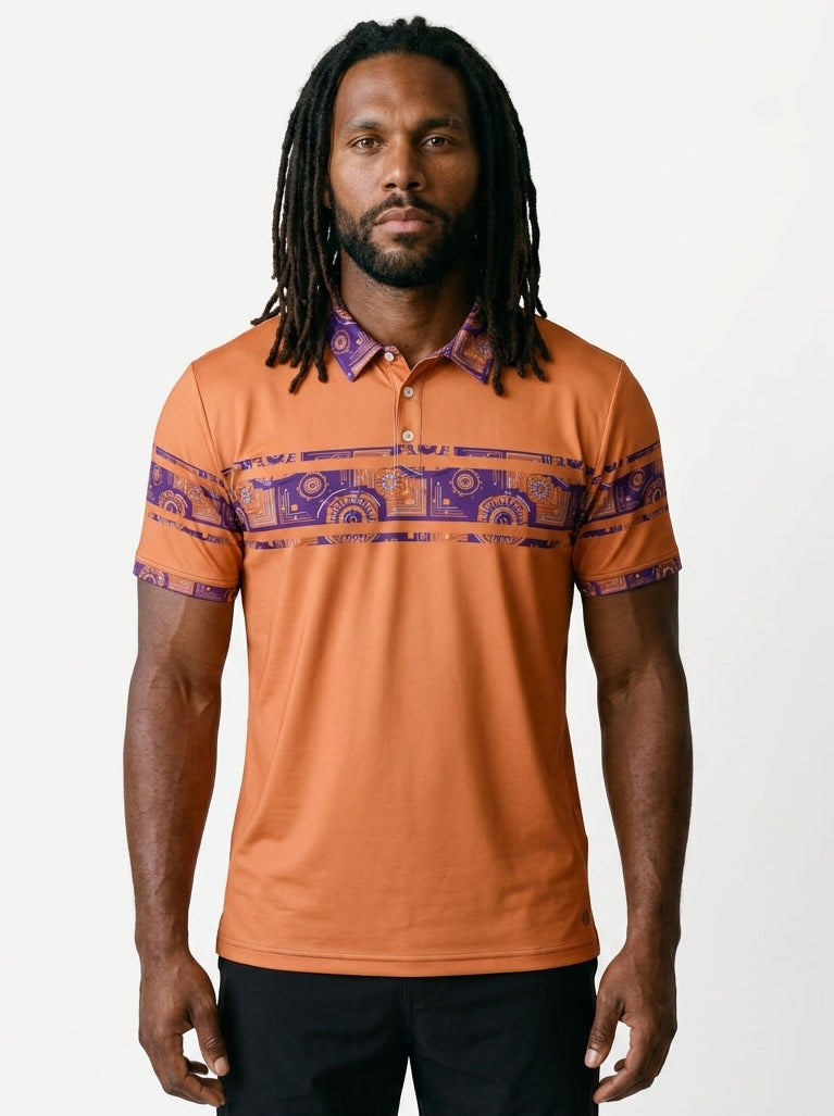Sankofa Men's Polo — Sango Orange — Kinetic Engine collar and chest band — front — SunBorn