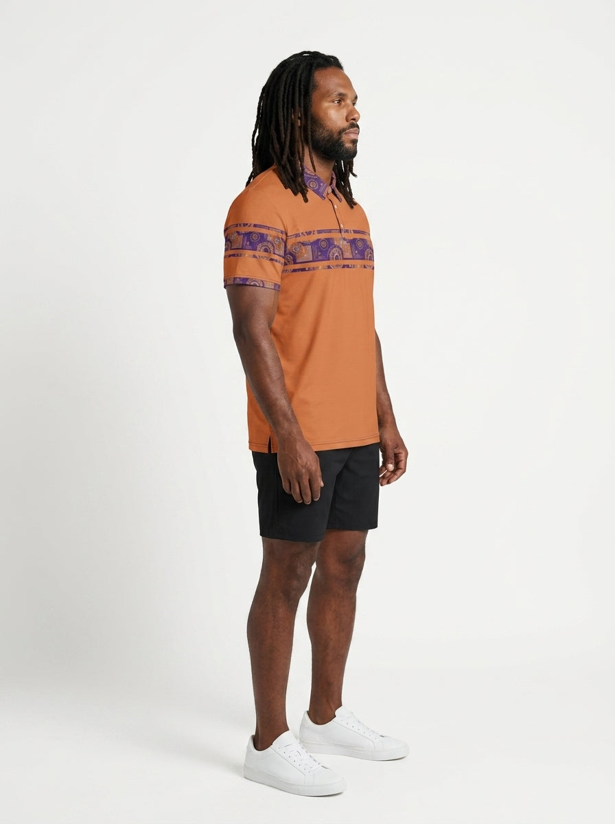 Sankofa Men's Polo — Sango Orange — three-quarter right angle — golf and lifestyle shirt — SunBorn