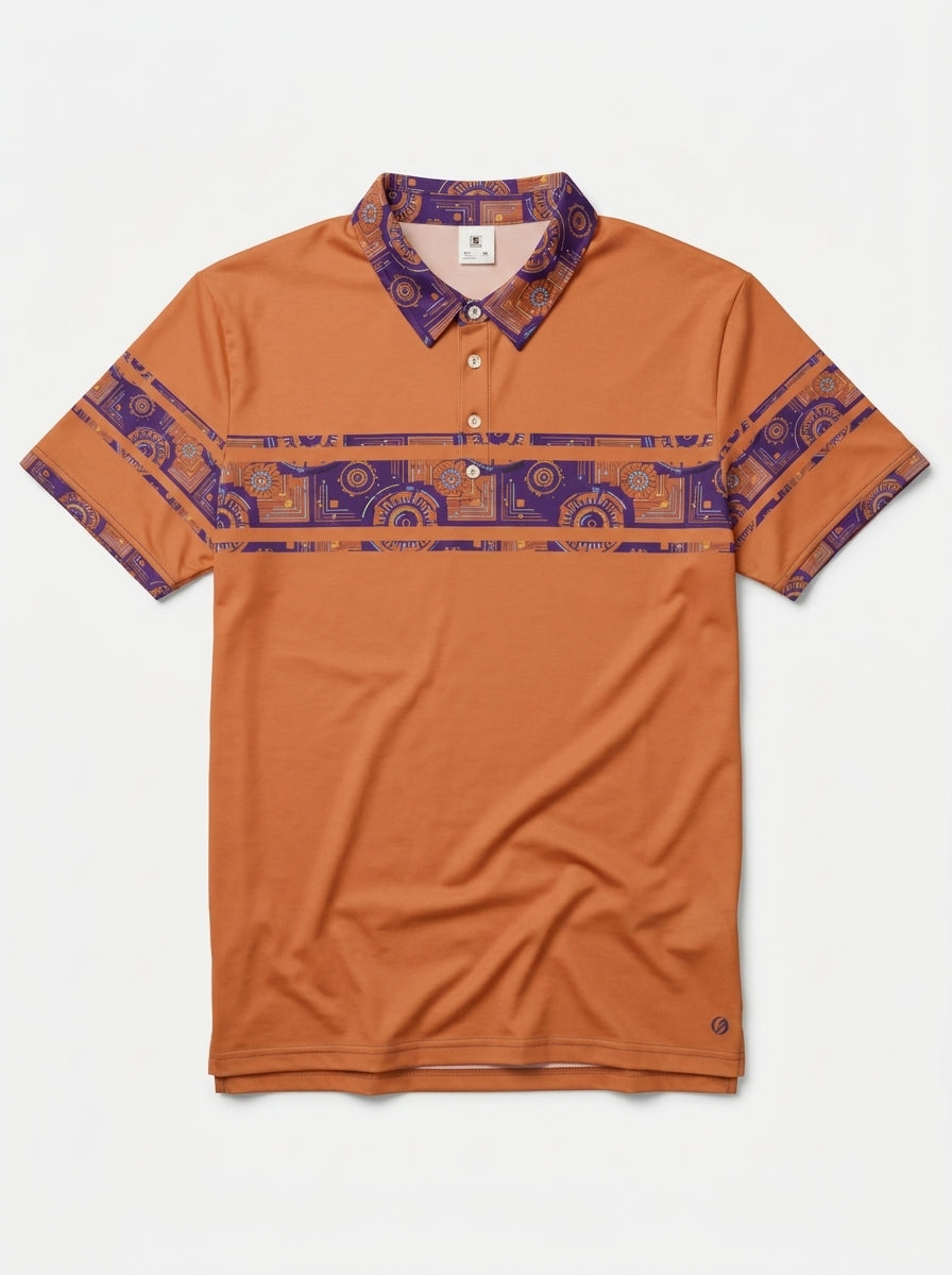 Sankofa Men's Polo — Sango Orange — clean flat lay — AdinkraFlex stretch jersey — SunBorn