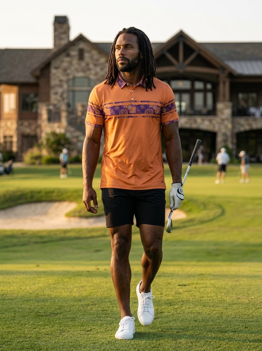 Sankofa Men's Polo — Sango Orange — worn on the golf course — men's golf polo shirt — SunBorn