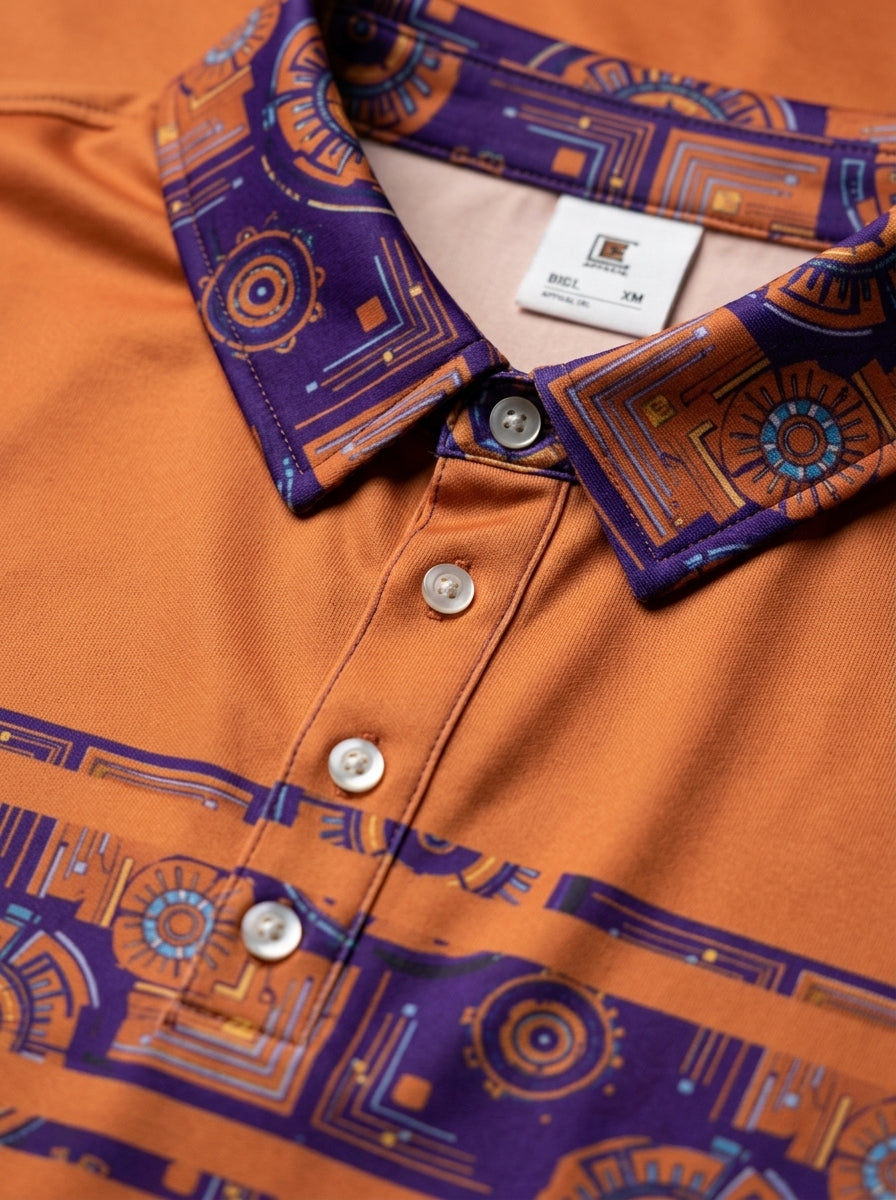 Sankofa Men's Polo — Sango Orange — macro detail of Kinetic Engine circuitry print — SunBorn