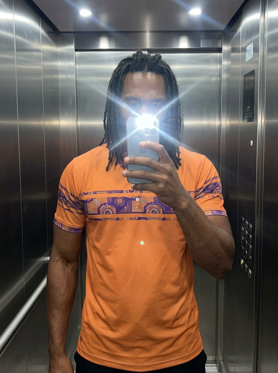 Sankofa Men's Polo — Sango Orange — mirror fit check — everyday wear — SunBorn