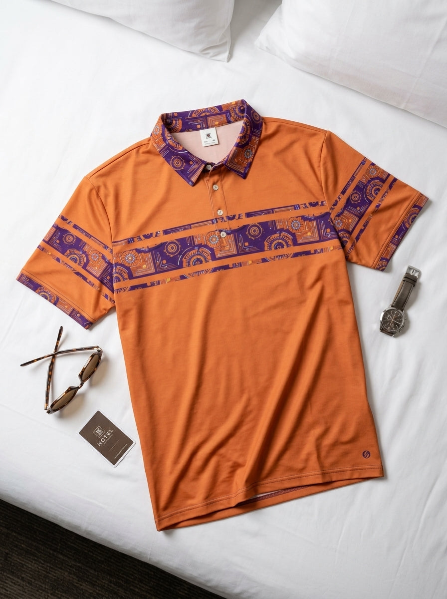 Sankofa Men's Polo — Sango Orange — styled floordrobe flat lay — SunBorn
