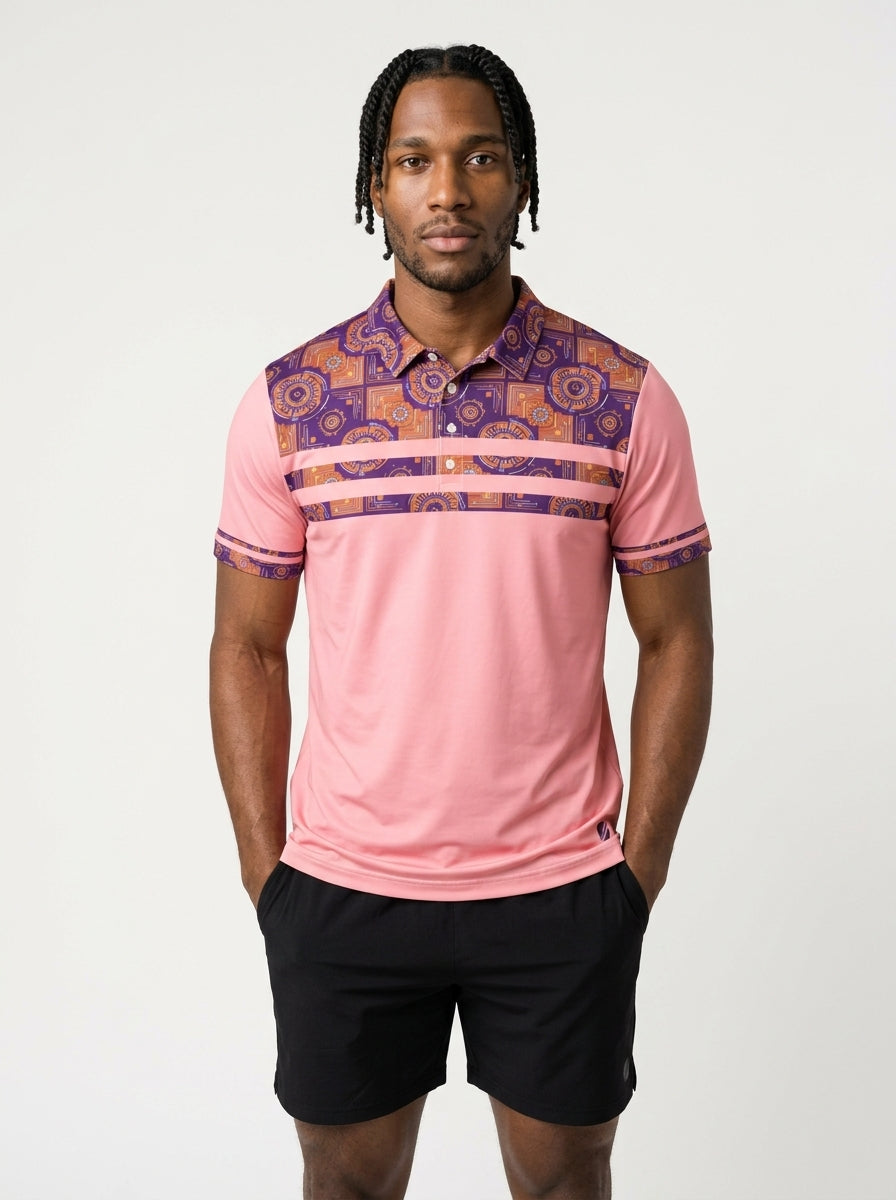 Sankofa Men's Pulse Polo in Eze Pink — Kinetic Engine circuitry yoke, front view