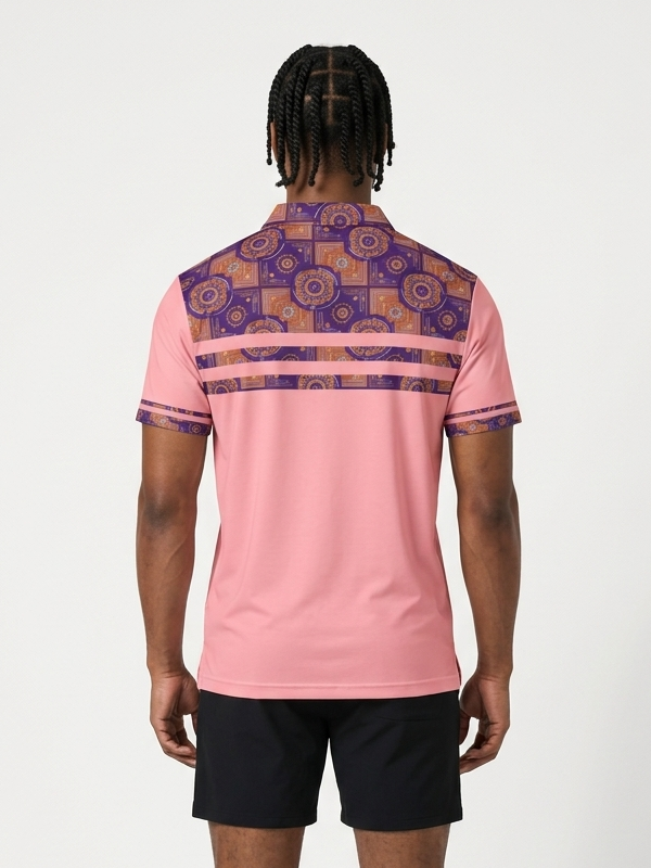 Sankofa Men's Pulse Polo in Eze Pink — back view, doubled chest-stripe pattern