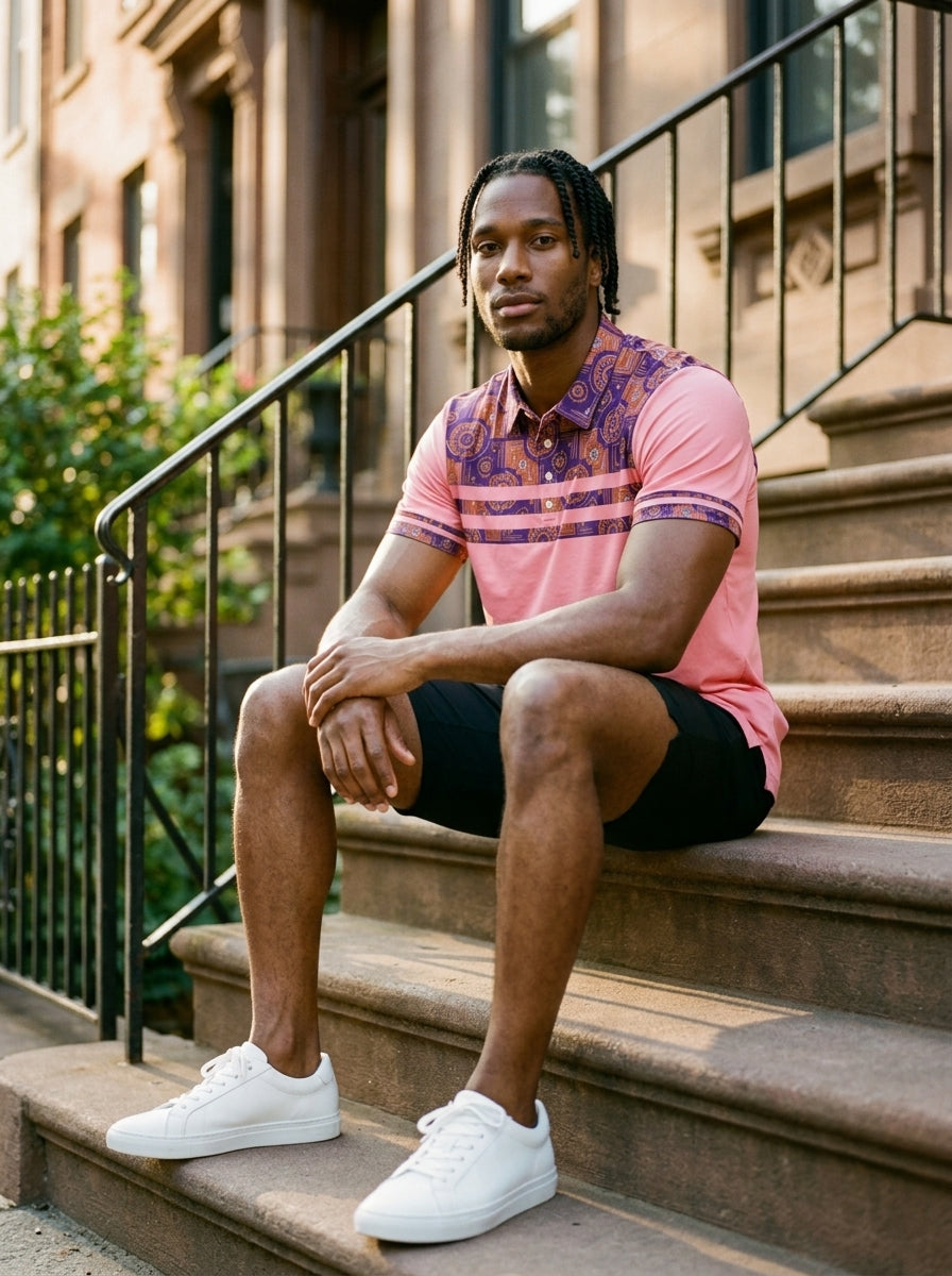 Sankofa Men's Pulse Polo in Eze Pink worn in street-style editorial setting