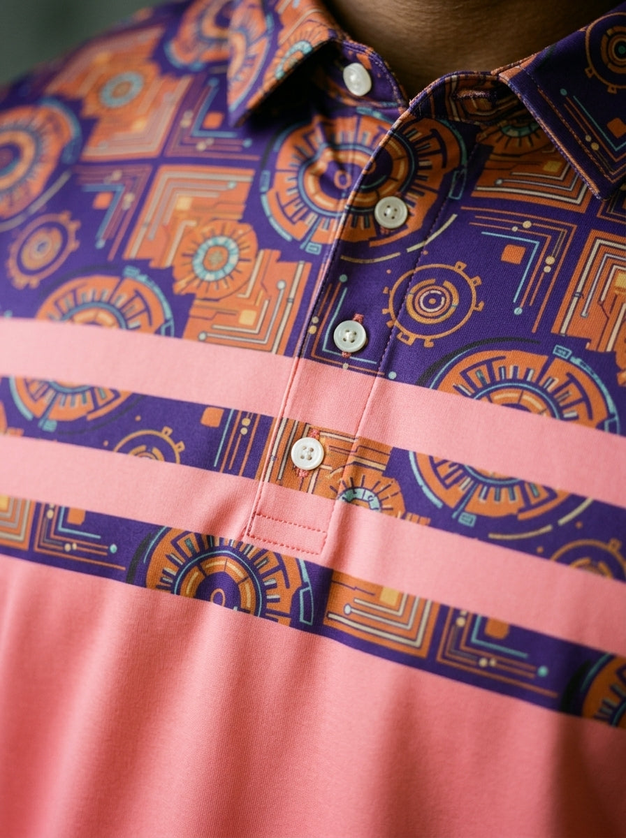 Close-up of AdinkraFlex Kinetic Engine print detail, Sankofa Pulse Polo in Eze Pink
