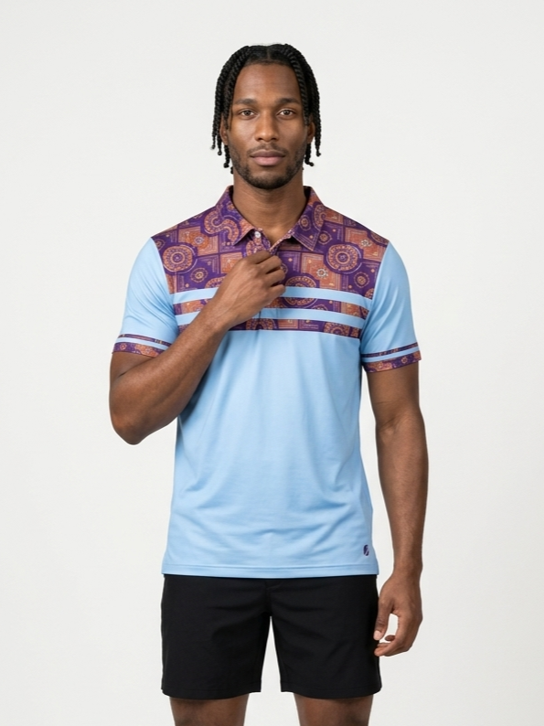 Sankofa Men's Pulse Polo in Igwe Blue — Kinetic Engine circuitry yoke, front view