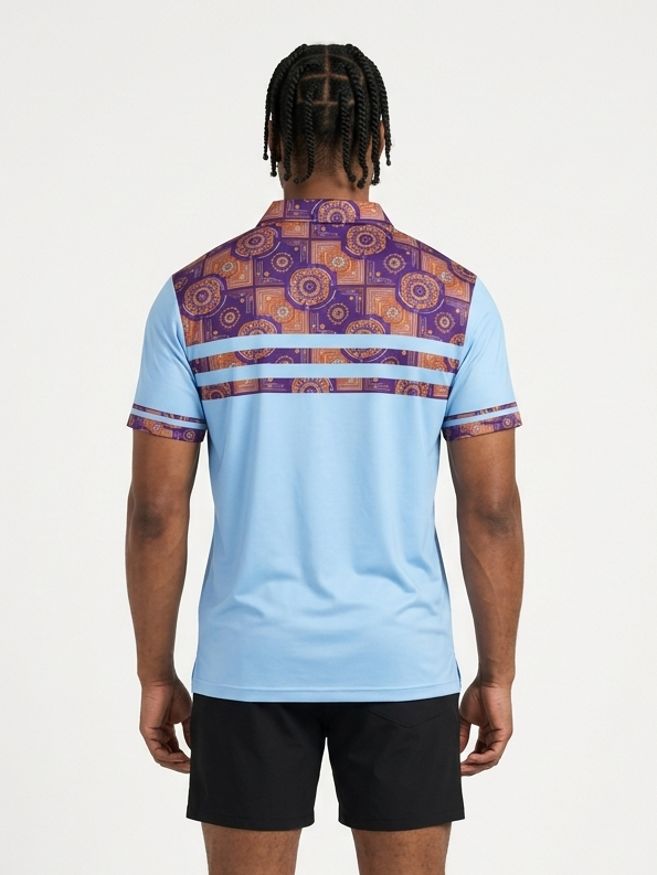 Sankofa Men's Pulse Polo in Igwe Blue — back view, doubled chest-stripe pattern