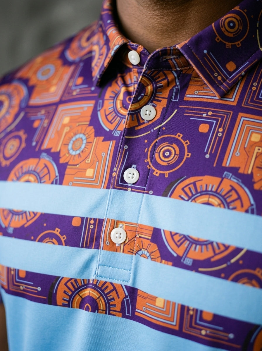 Close-up of AdinkraFlex Kinetic Engine print detail, Sankofa Pulse Polo in Igwe Blue