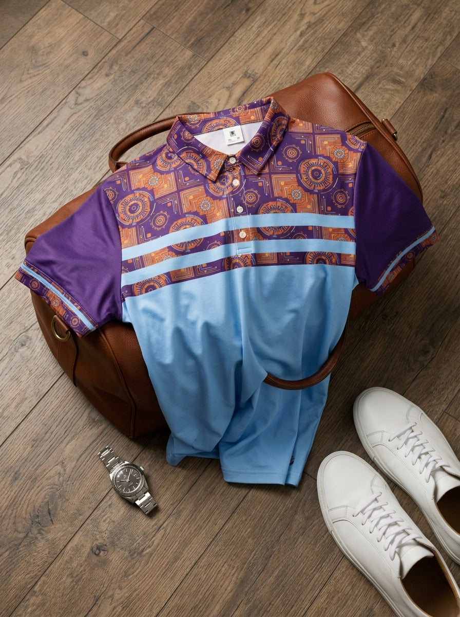 Sankofa Men's Pulse Polo in Igwe Blue, styled flat-lay floordrobe shot