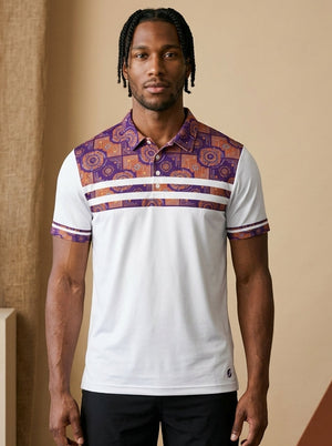 Sankofa Men's Pulse Polo in Ocha White — Kinetic Engine circuitry yoke, front view