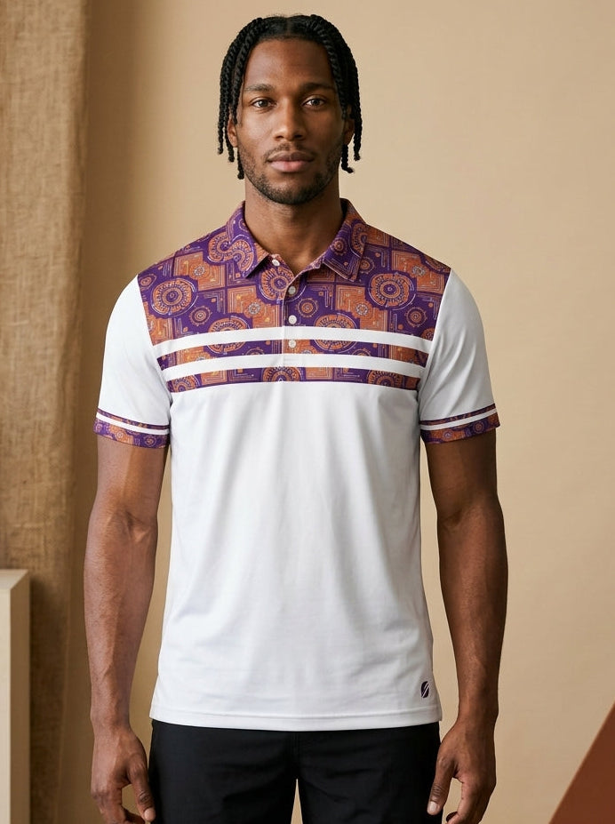 Sankofa Men's Pulse Polo in Ocha White — Kinetic Engine circuitry yoke, front view