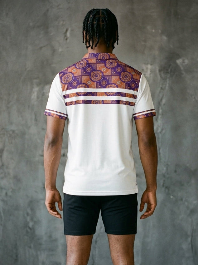 Sankofa Men's Pulse Polo in Ocha White — back view, doubled chest-stripe pattern