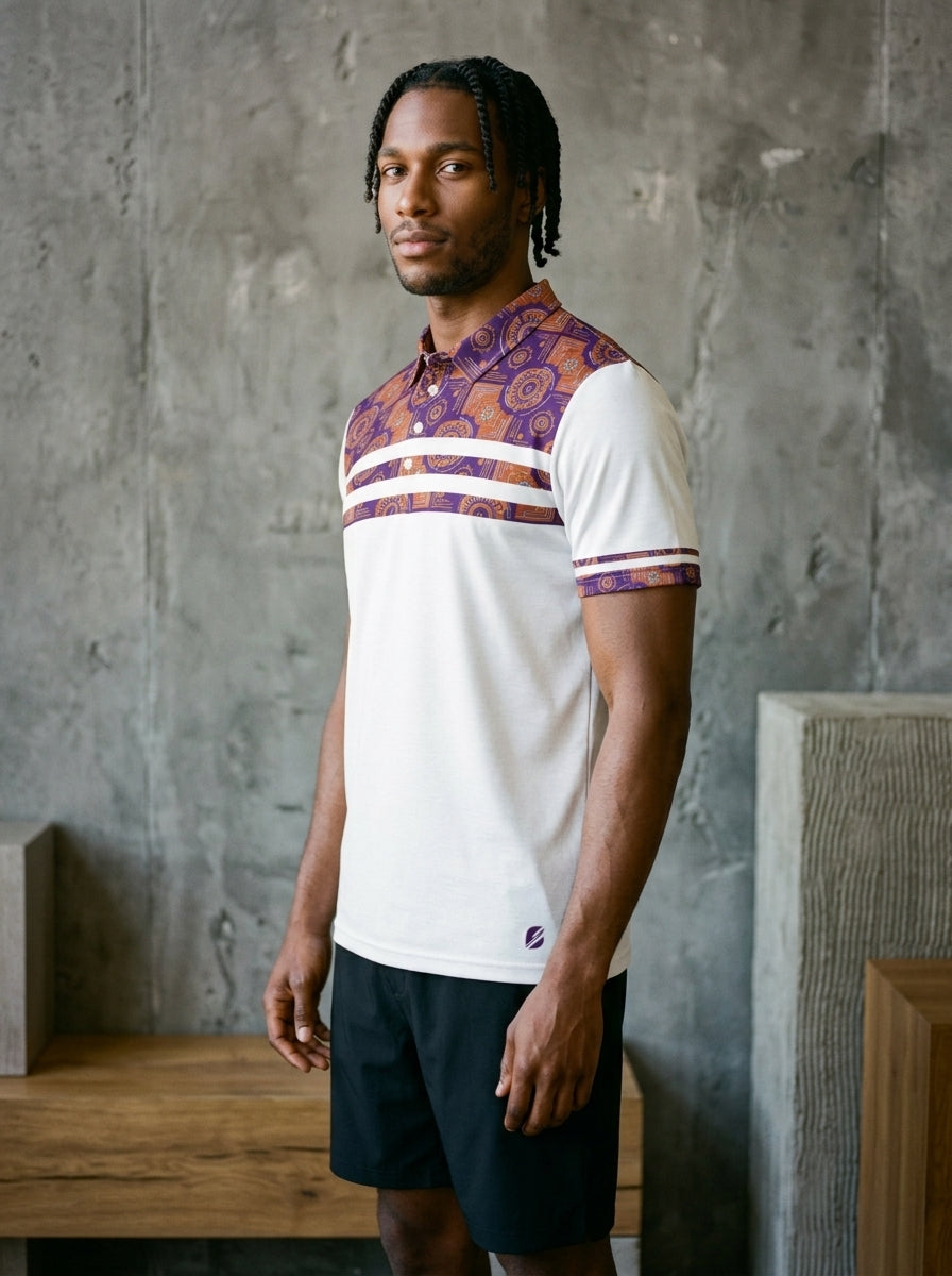Three-quarter angle view of Sankofa Men's Pulse Polo in Ocha White