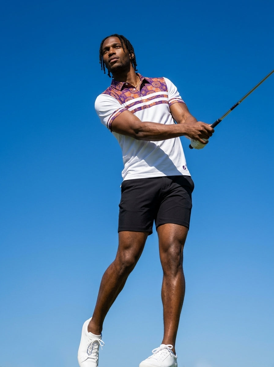 Sankofa Men's Pulse Polo in Ocha White styled for golf course wear