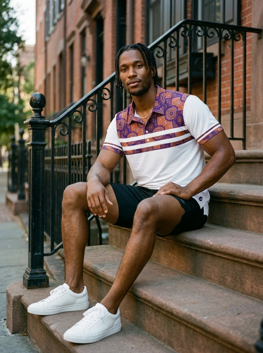 Sankofa Men's Pulse Polo in Ocha White worn in street-style editorial setting