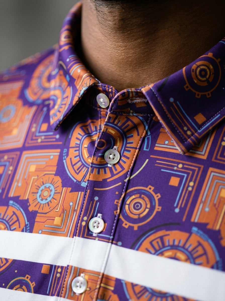 Close-up of AdinkraFlex Kinetic Engine print detail, Sankofa Pulse Polo in Ocha White