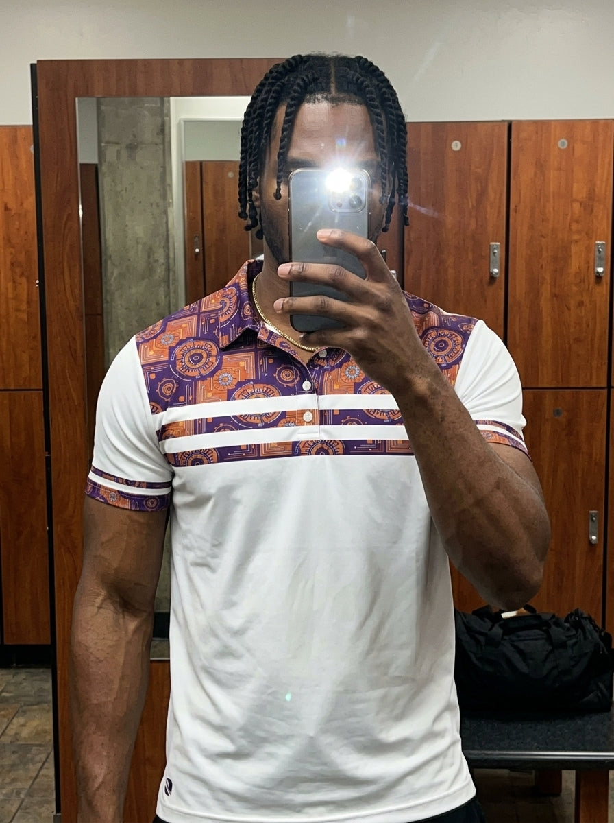Mirror fit-check view of Sankofa Men's Pulse Polo in Ocha White, slim fit