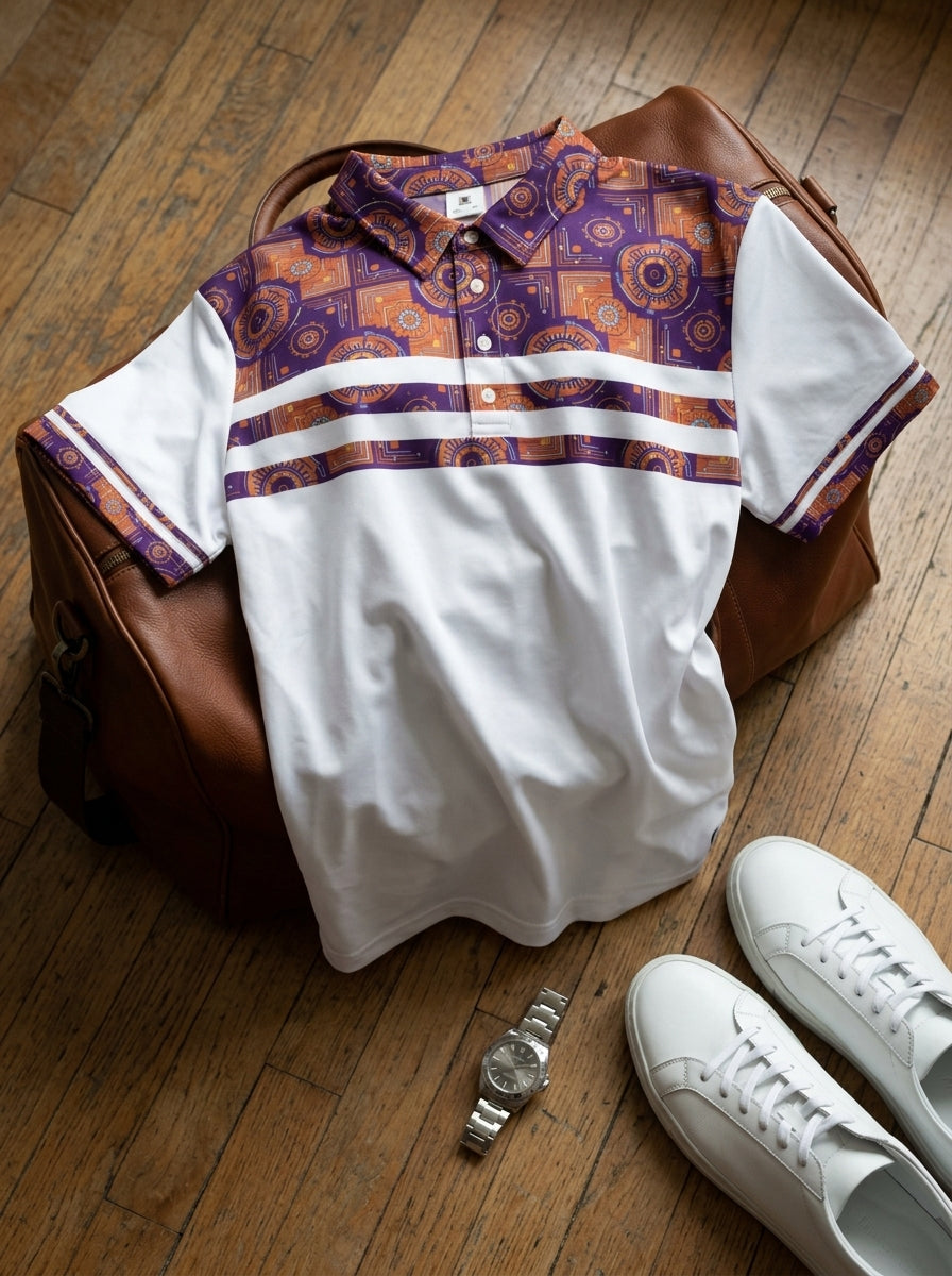 Sankofa Men's Pulse Polo in Ocha White, styled flat-lay floordrobe shot