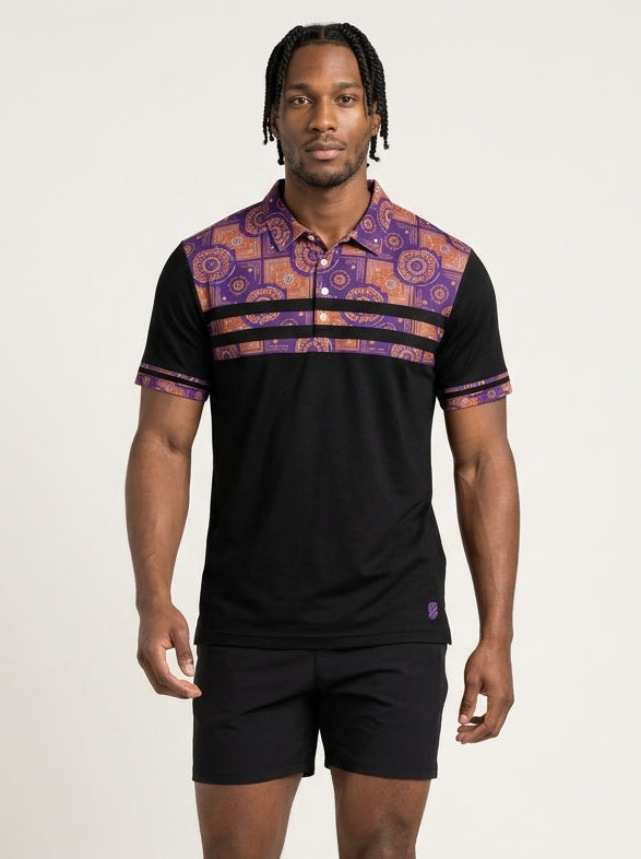 Sankofa Men's Pulse Polo in Oji Black — Kinetic Engine circuitry yoke, front view