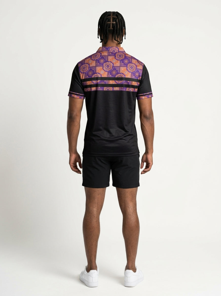 Sankofa Men's Pulse Polo in Oji Black — back view, doubled chest-stripe pattern
