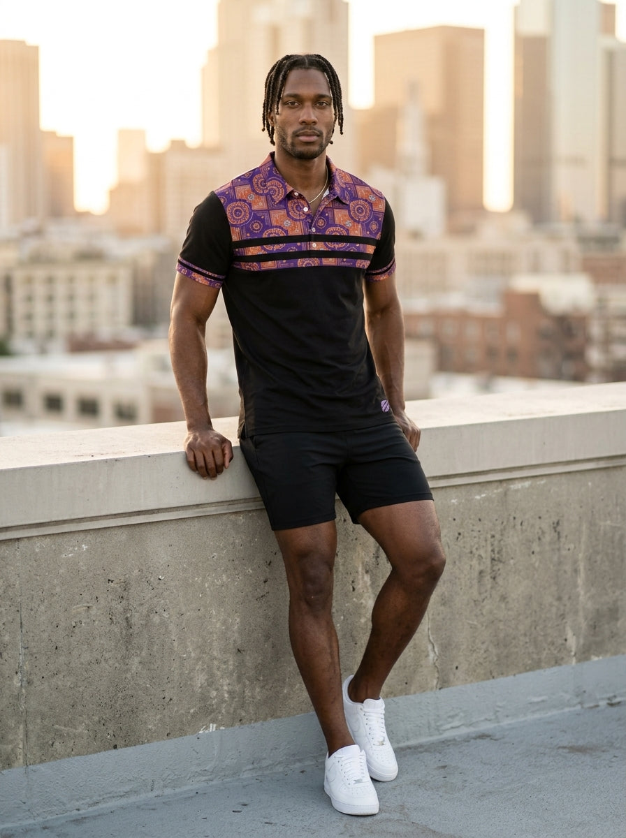 Sankofa Men's Pulse Polo in Oji Black worn in street-style editorial setting