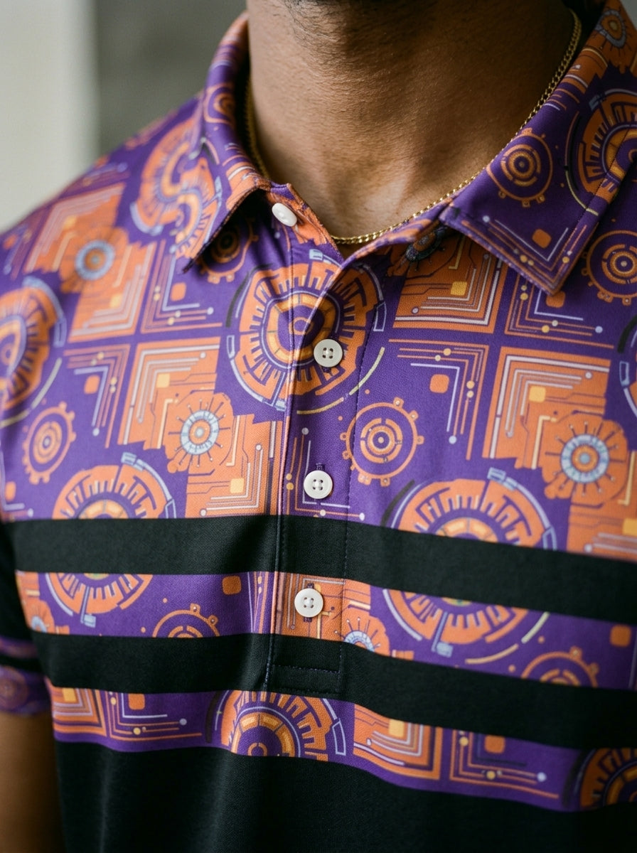Close-up of AdinkraFlex Kinetic Engine print detail, Sankofa Pulse Polo in Oji Black