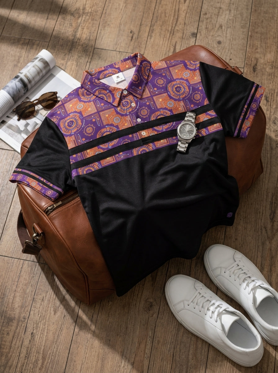 Sankofa Men's Pulse Polo in Oji Black, styled flat-lay floordrobe shot