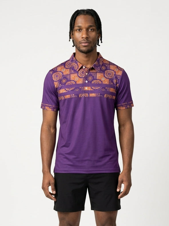 Sankofa Men's Pulse Polo in Ugo Purple — Kinetic Engine circuitry yoke, front view