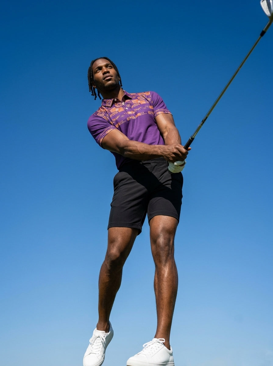 Sankofa Men's Pulse Polo in Ugo Purple styled for golf course wear