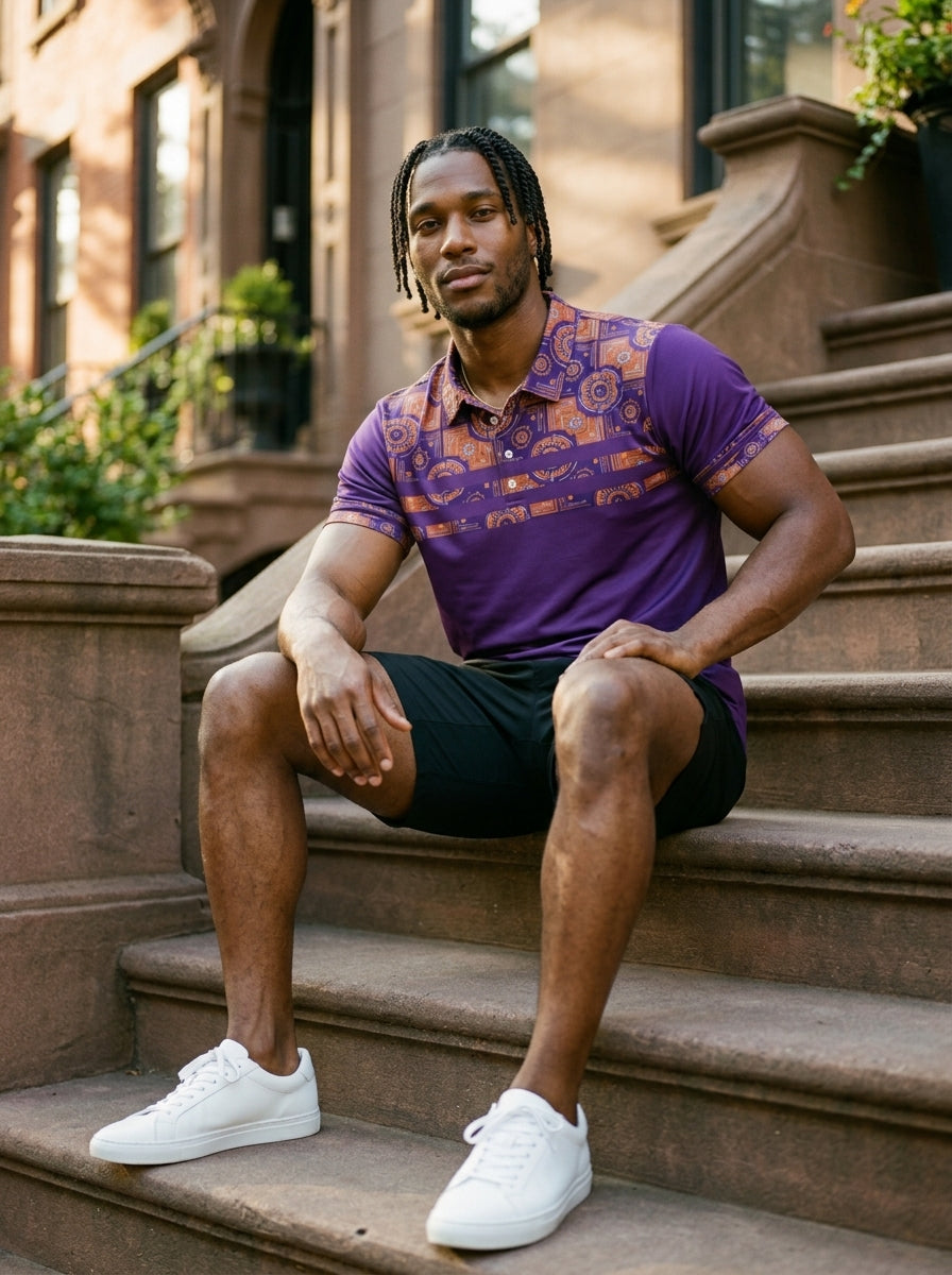 Sankofa Men's Pulse Polo in Ugo Purple worn in street-style editorial setting