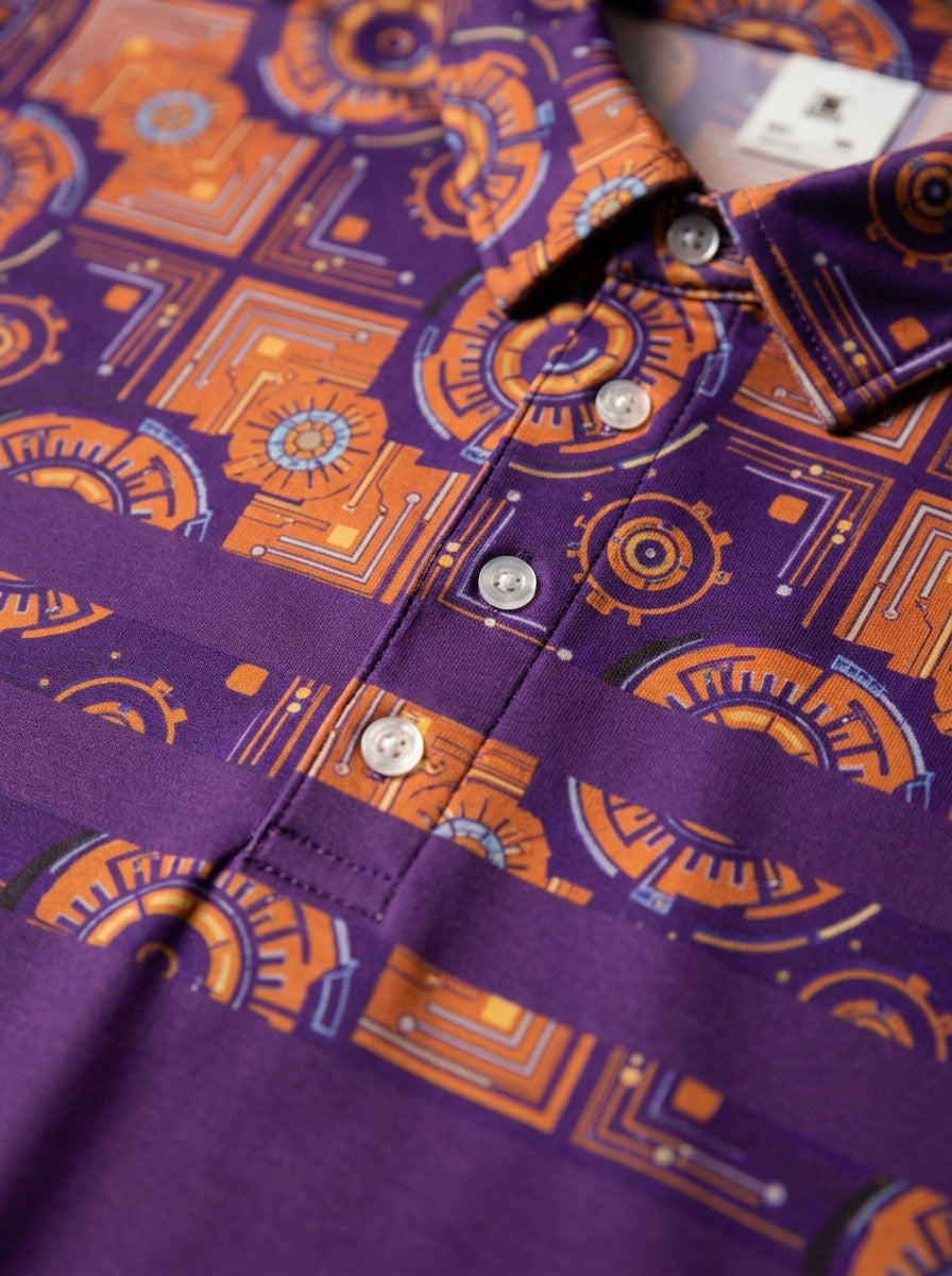 Close-up of AdinkraFlex Kinetic Engine print detail, Sankofa Pulse Polo in Ugo Purple